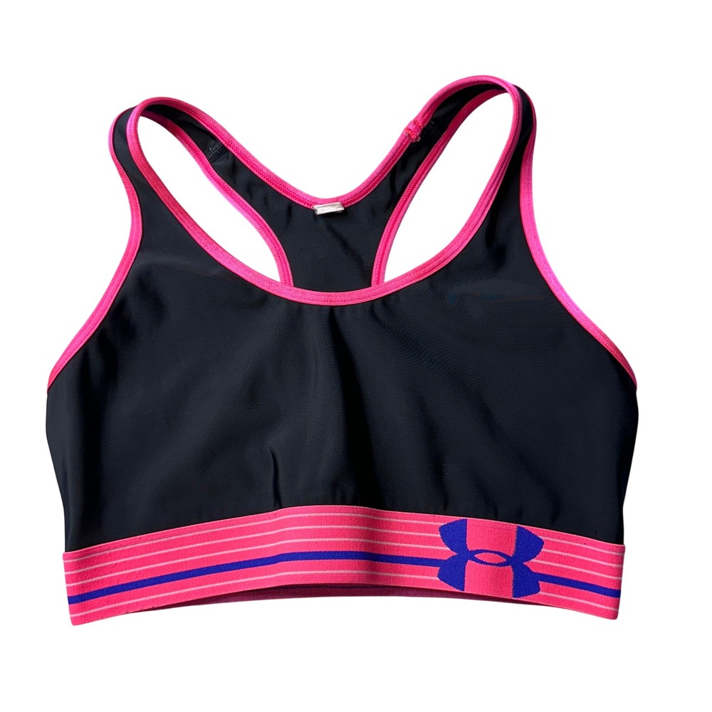 Under Armour Sports Bra Women S Black HeatGear Racerback Striped Logo Activewear